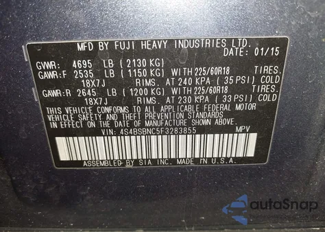 2015 Subaru Outback 2.5I Limited from USA, damaged, VIN 4S4BSBNC5F3283855